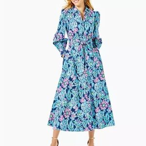 Lilly Pulitzer Blue and Purple Mira Stretch Shirt Dress Midi Sundress